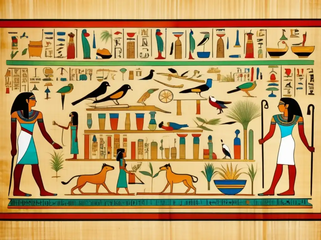 Una fascinante imagen detallada de un antiguo papiro egipcio, con inscripciones jeroglíficas relacionadas con avances en medicina del Imperio Nuevo