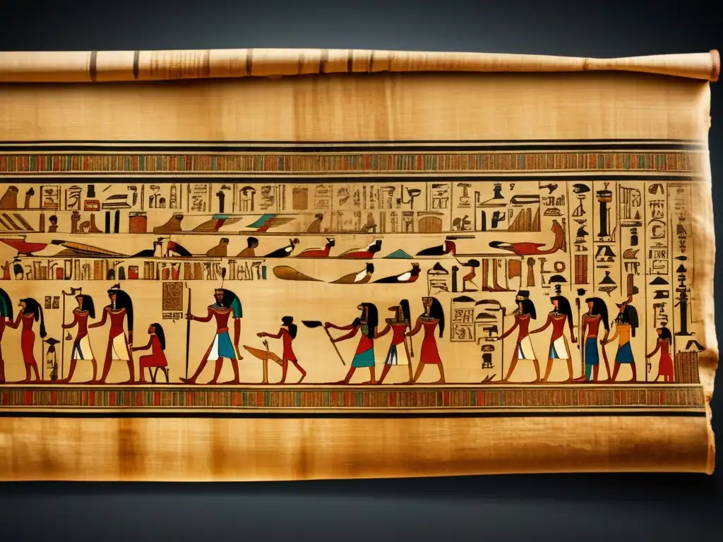 'Una fascinante imagen detallada de un antiguo artefacto egipcio, un rollo de papiro maravillosamente conservado, se muestra sobre un fondo oscuro