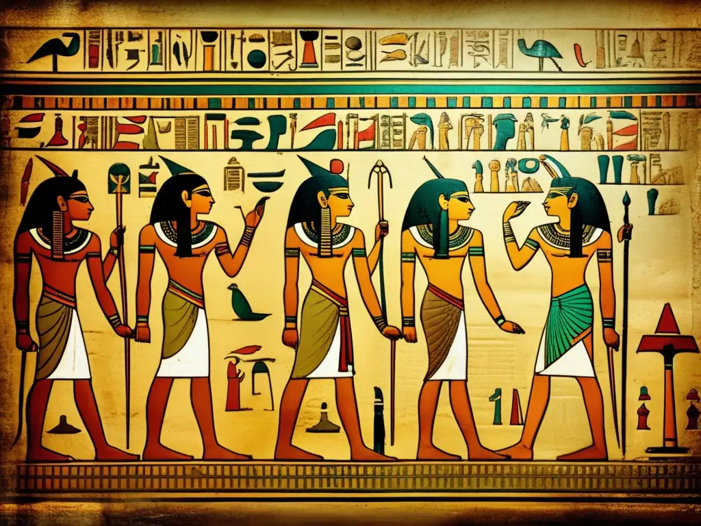 Una fascinante imagen envejecida que muestra los detalles intrincados de un antiguo muro de un templo egipcio cubierto de jeroglíficos