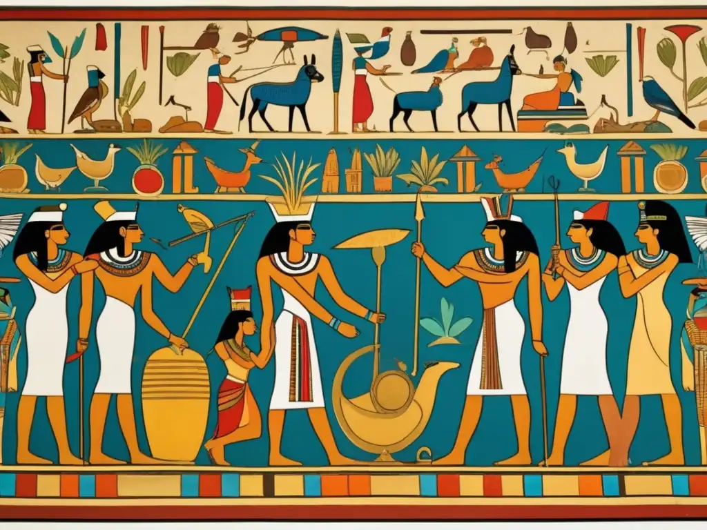 Una fascinante imagen de un mural egipcio antiguo, bien conservado, que muestra escenas vibrantes de la vida cotidiana