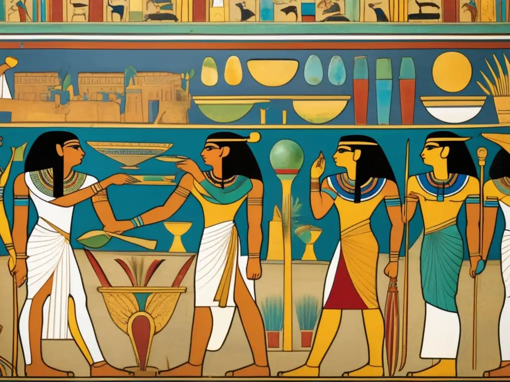 Una fascinante imagen de un mural egipcio antiguo muestra escenas vibrantes de arte y la aplicación de pigmentos