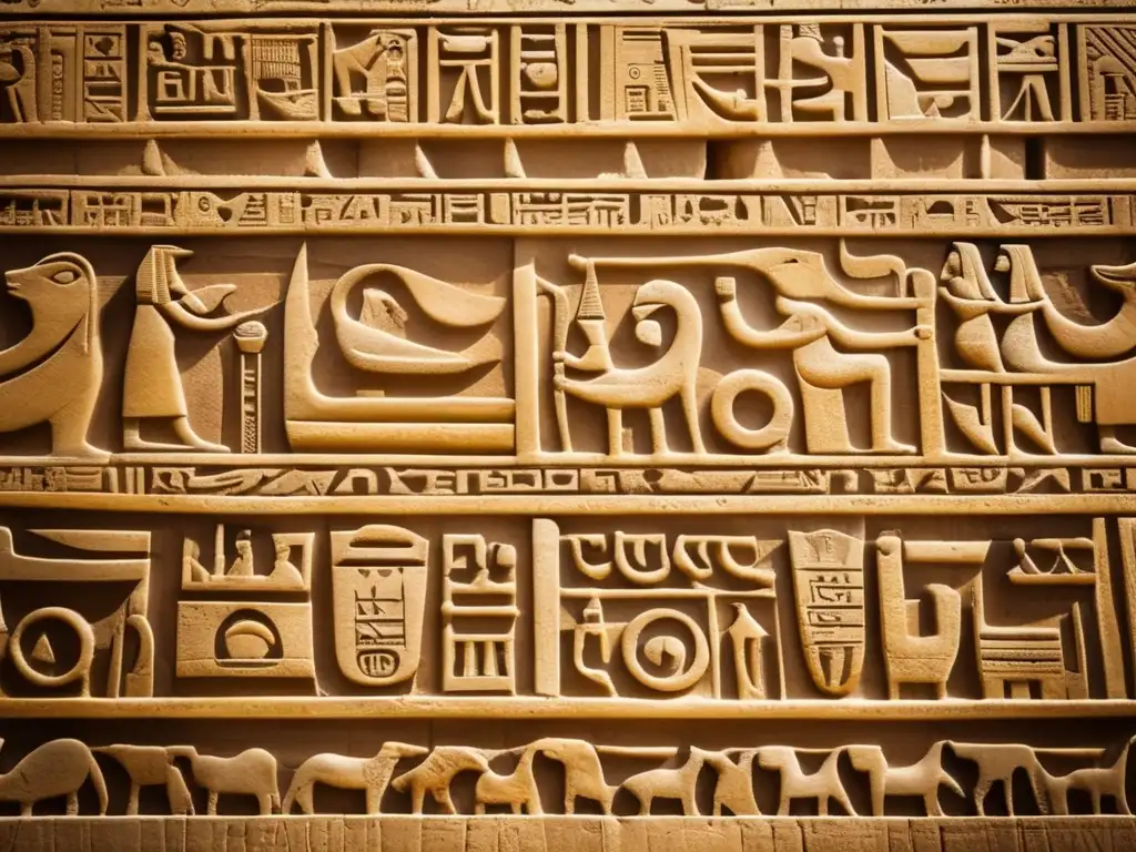 Una fascinante imagen de una pared de piedra tallada en Egipto antiguo, con jeroglíficos meticulosamente detallados