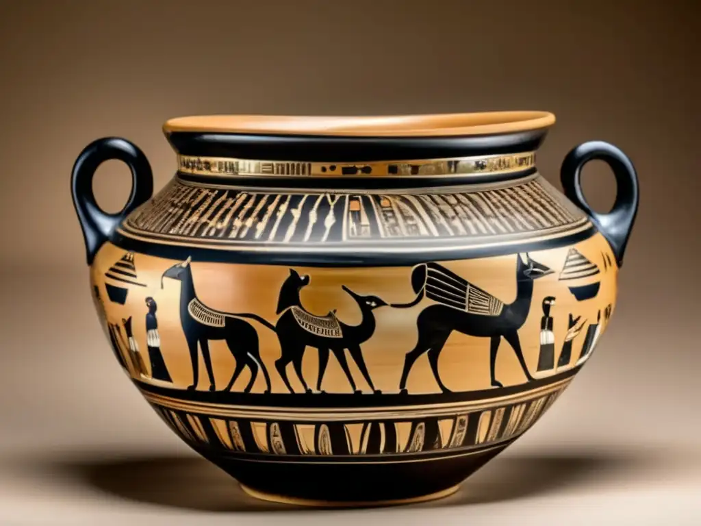 Una fascinante imagen vintage de una vasija de cerámica egipcia, mostrando detalles intrincados y una artesanía exquisita