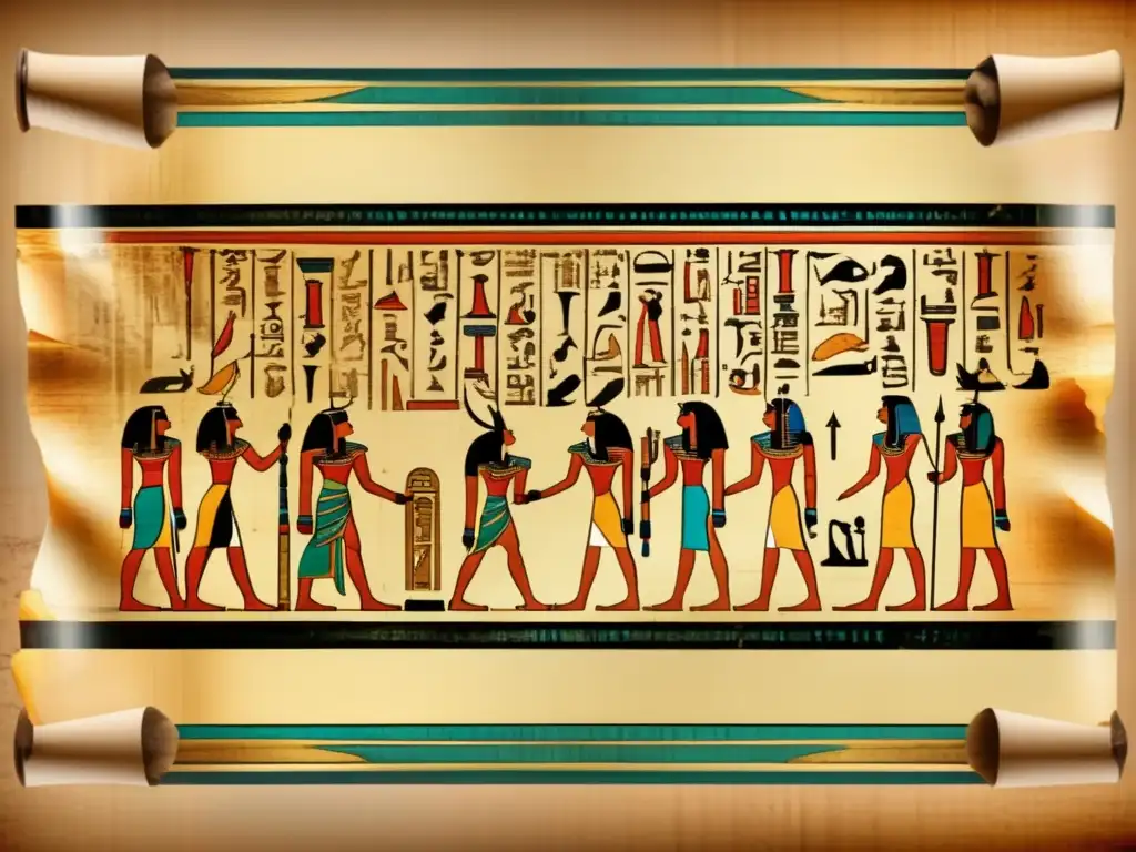 Un fascinante papiro egipcio antiguo, cuidadosamente desenrollado para revelar inscripciones jeroglíficas intrincadas