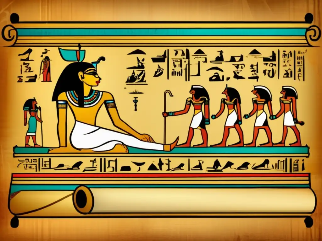 Un fascinante papiro egipcio antiguo, envejecido con delicadeza y adornado con intrincadas jeroglíficos