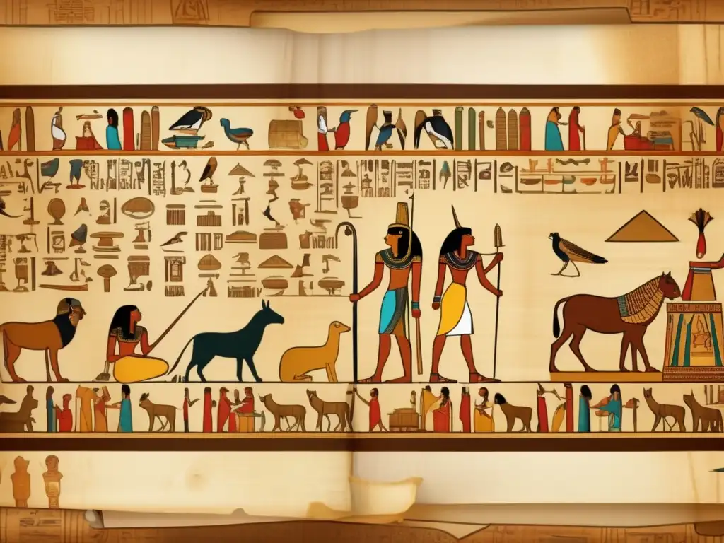 Un fascinante papiro egipcio desenrollado, con intrincados jeroglíficos y escenas de la vida diaria en tonos terrosos