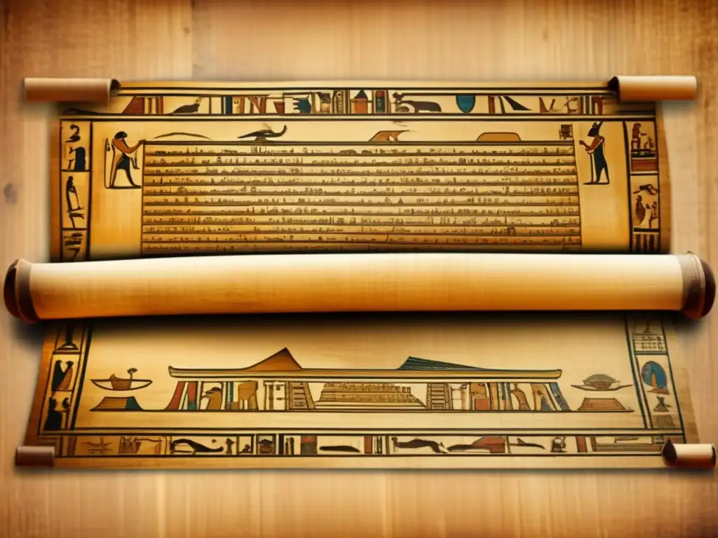 Un fascinante pergamino egipcio antiguo desplegado en una mesa de madera