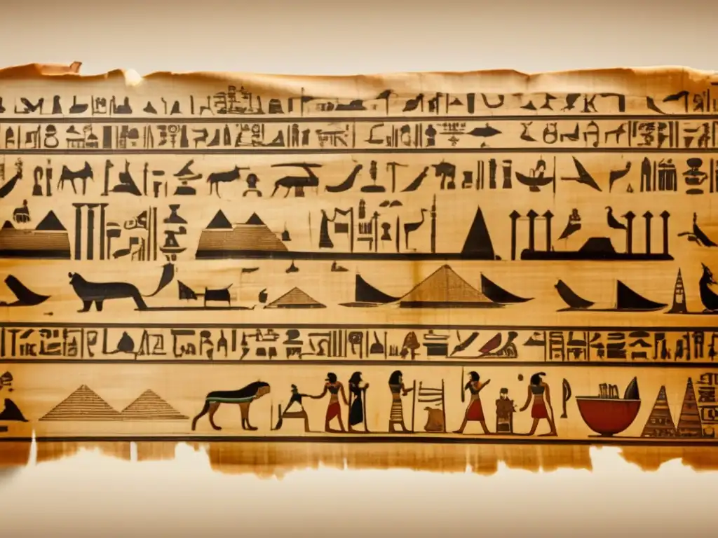 Una fascinante reconstrucción fonética de la lengua egipcia en un antiguo papiro vintage, desenrollado para revelar los símbolos de los jeroglíficos