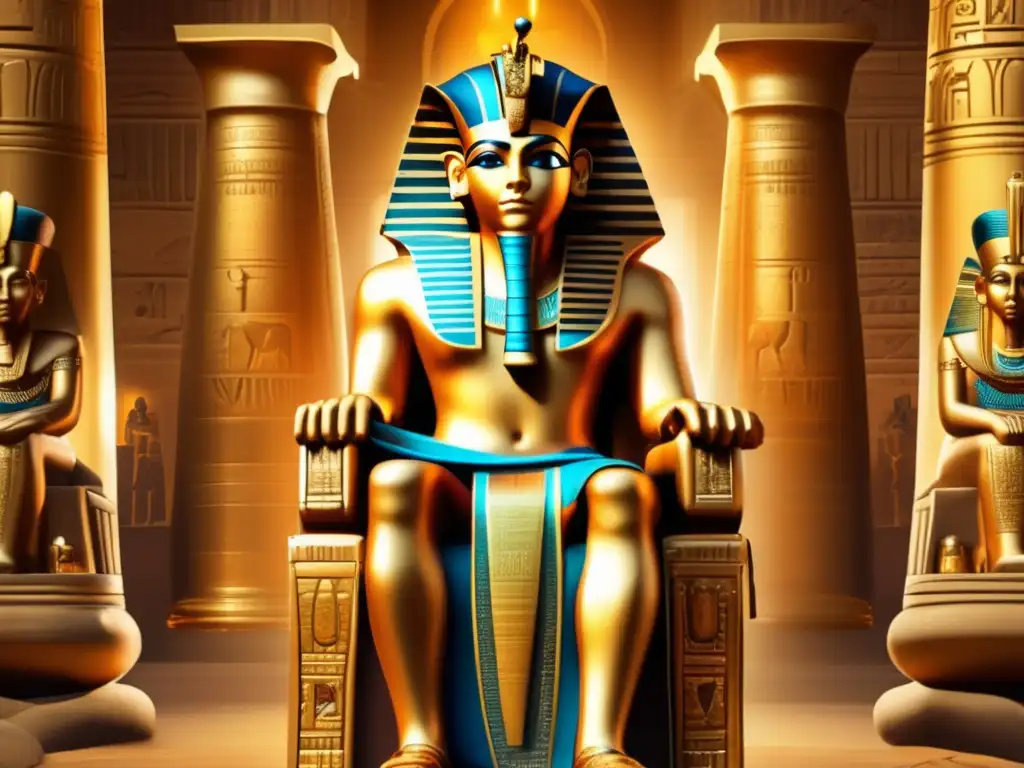 Un fascinante retrato vintage de un faraón egipcio sentado en un trono dorado