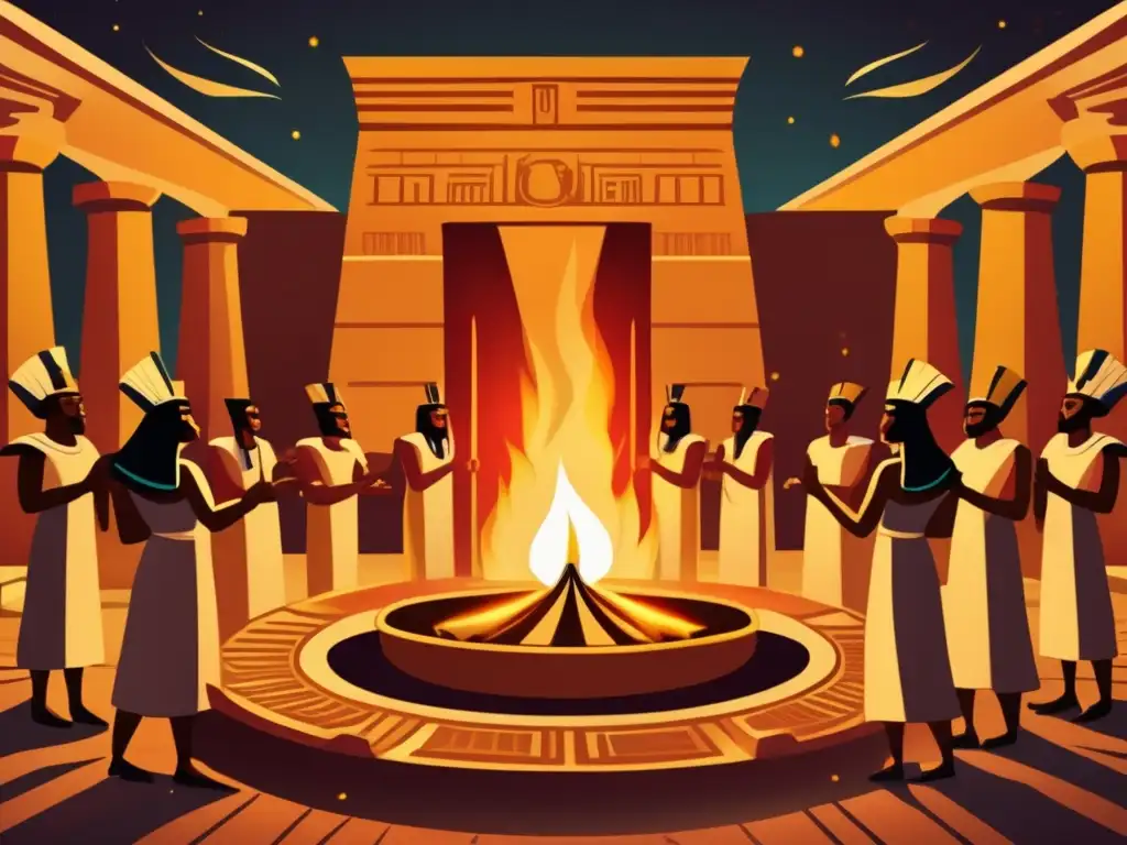 Un fascinante ritual del fuego en el antiguo Egipto, con sacerdotes en túnicas ceremoniales rodeando una gran hoguera