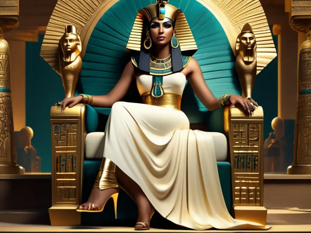 La fascinante Cleopatra en su trono dorado, rodeada de la mitología y el legado de Egipto, evocando asombro y admiración por su poder y elegancia