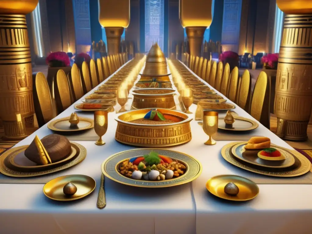 Un festín antiguo egipcio en un salón majestuoso, con grabados jeroglíficos y una mesa llena de lujosos alimentos de la realeza del antiguo Egipto