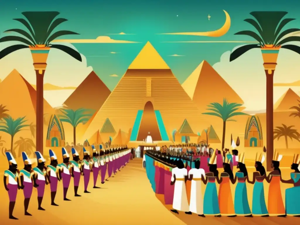 Festivales en honor a Osiris: Una ilustración de estilo vintage muestra una majestuosa procesión en el antiguo Egipto