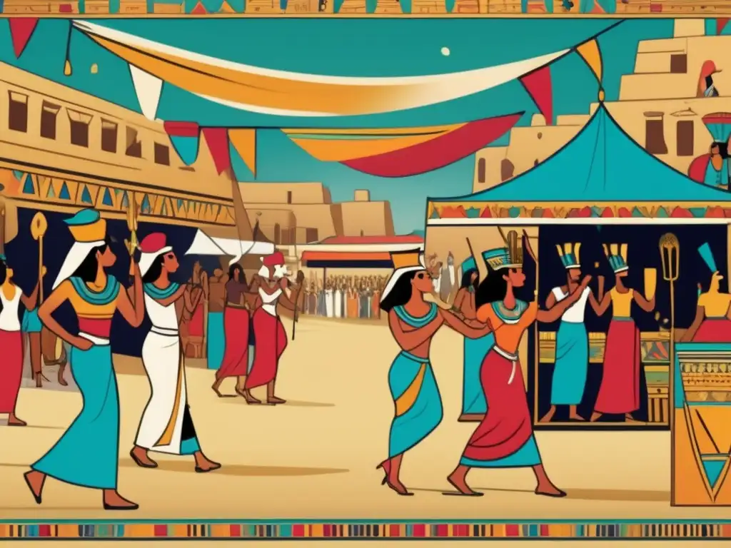 Festivales en honor a Osiris: una vibrante escena vintage en un bullicioso mercado egipcio con coloridos toldos, tapices y linternas