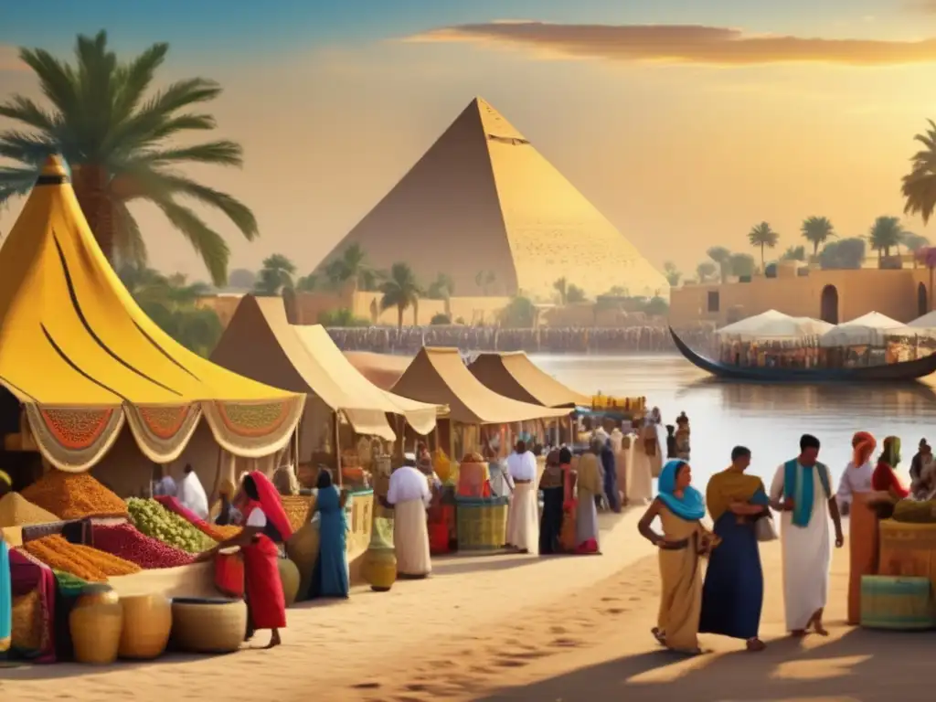 Festividades religiosas del Nilo: Un animado mercado egipcio, lleno de colores, aromas y tradiciones, junto al majestuoso río