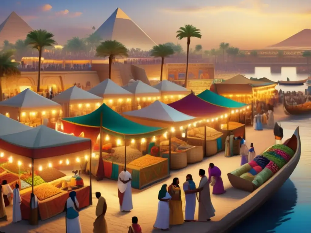 Festividades religiosas del Nilo: Un animado mercado egipcio con colores vibrantes, puestos decorados y gente inmersa en tradiciones culturales