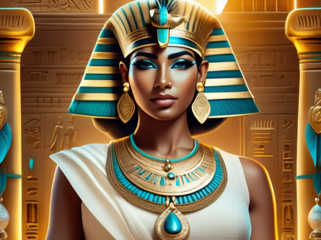 Una figura egipcia femenina detallada viste un atuendo tradicional, rodeada de jeroglíficos antiguos