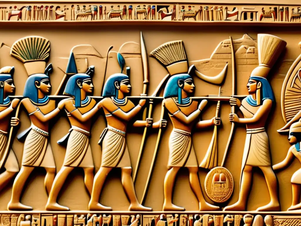 Formaciones de combate egipcias en una detallada escena de batalla antigua