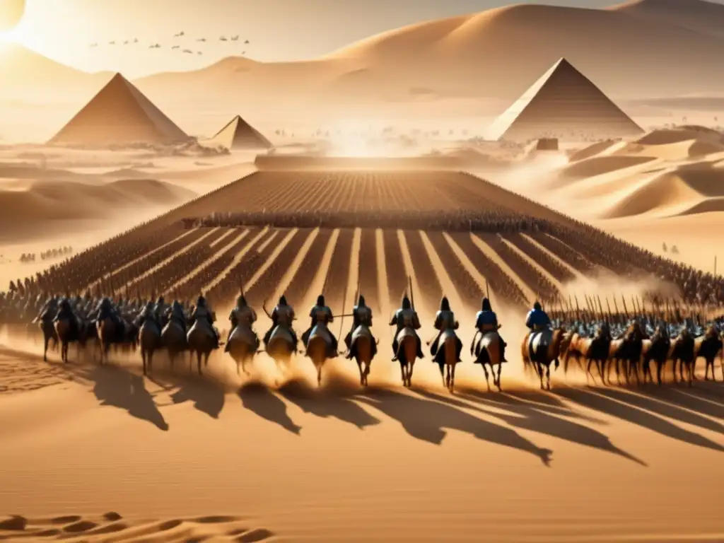Formaciones de combate egipcias en una épica batalla en la antigua arena de Egipto, donde estrategias tácticas y valientes soldados luchan entre sí