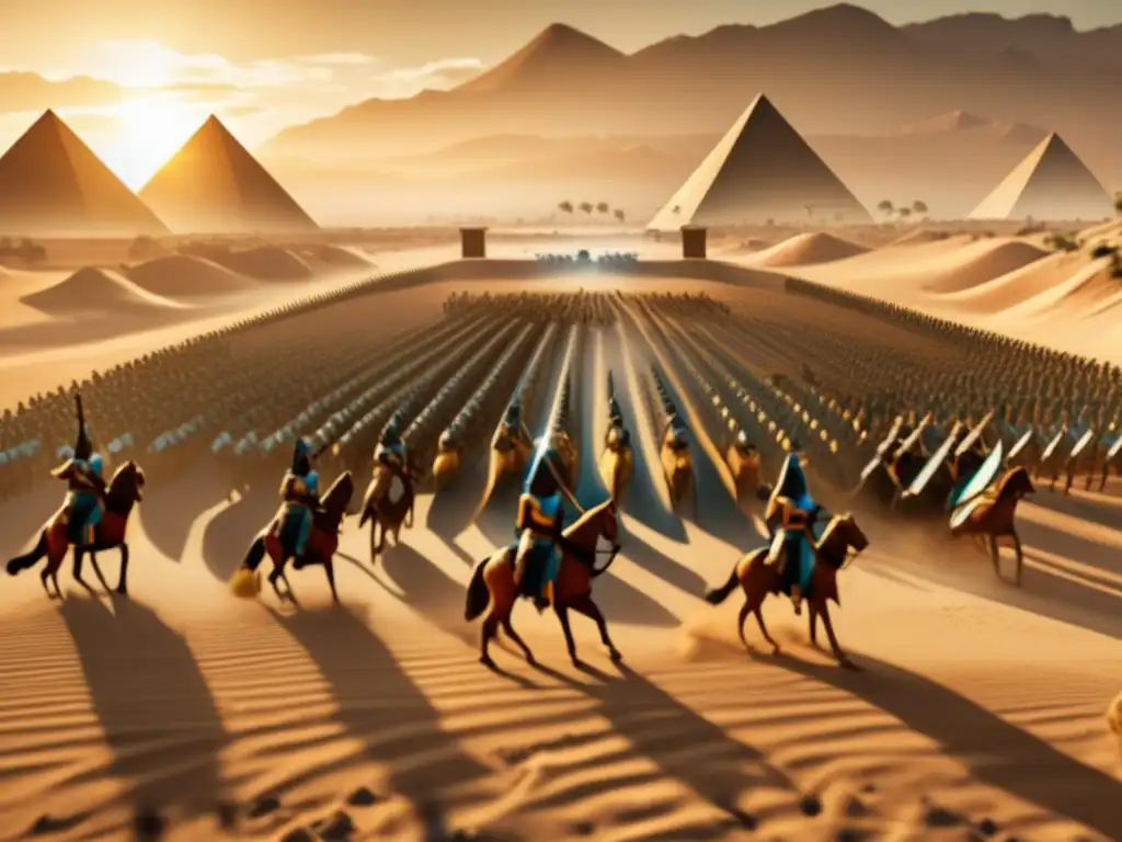 Formaciones de combate egipcias en un paisaje desértico con el Nilo