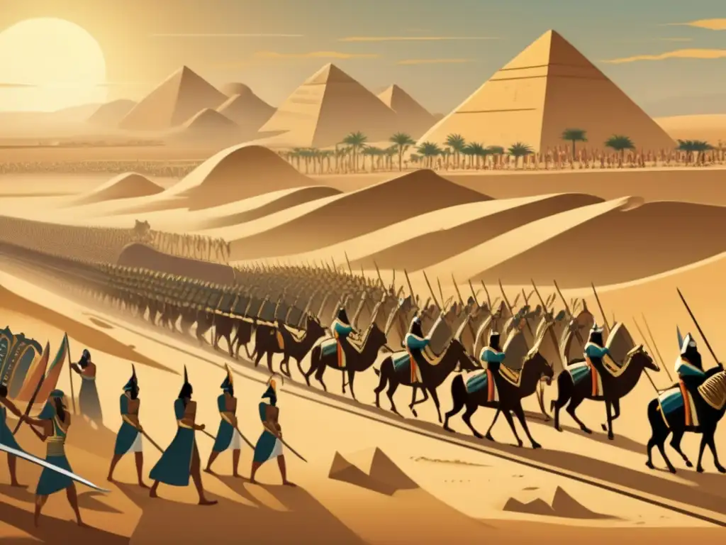 Formaciones de combate egipcias en un vasto desierto dorado, soldados disciplinados y armados listos para la batalla al atardecer