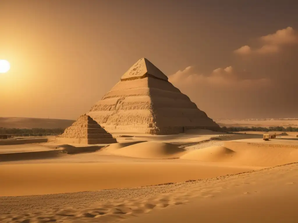 Una foto vintage exquisita captura la grandiosidad y misterio de Saqqara, los complejos funerarios Saqqara Imperio Antiguo, en tonos cálidos sepia