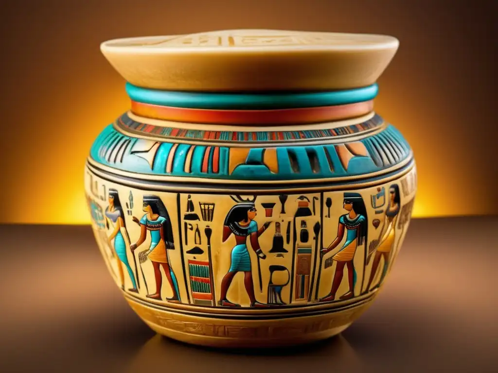 Un frasco cosmético egipcio antiguo, detallado y ultradetallado, adornado con jeroglíficos intrincados y colores vibrantes
