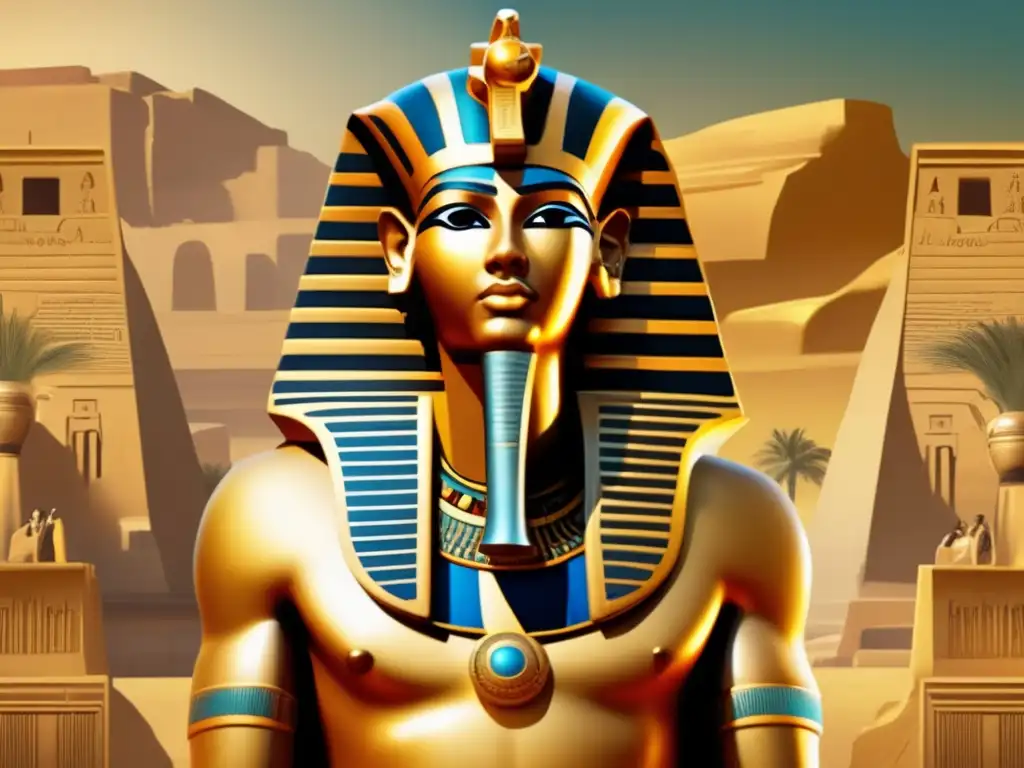 Ahmose I, fundador del Nuevo Reino, se alza majestuoso entre ruinas antiguas de Egipto