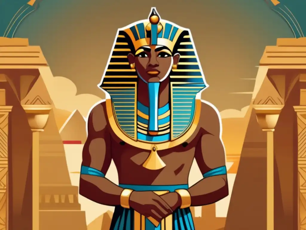 Ahmose I, fundador del Nuevo Reino, se alza majestuoso entre la arquitectura antigua egipcia