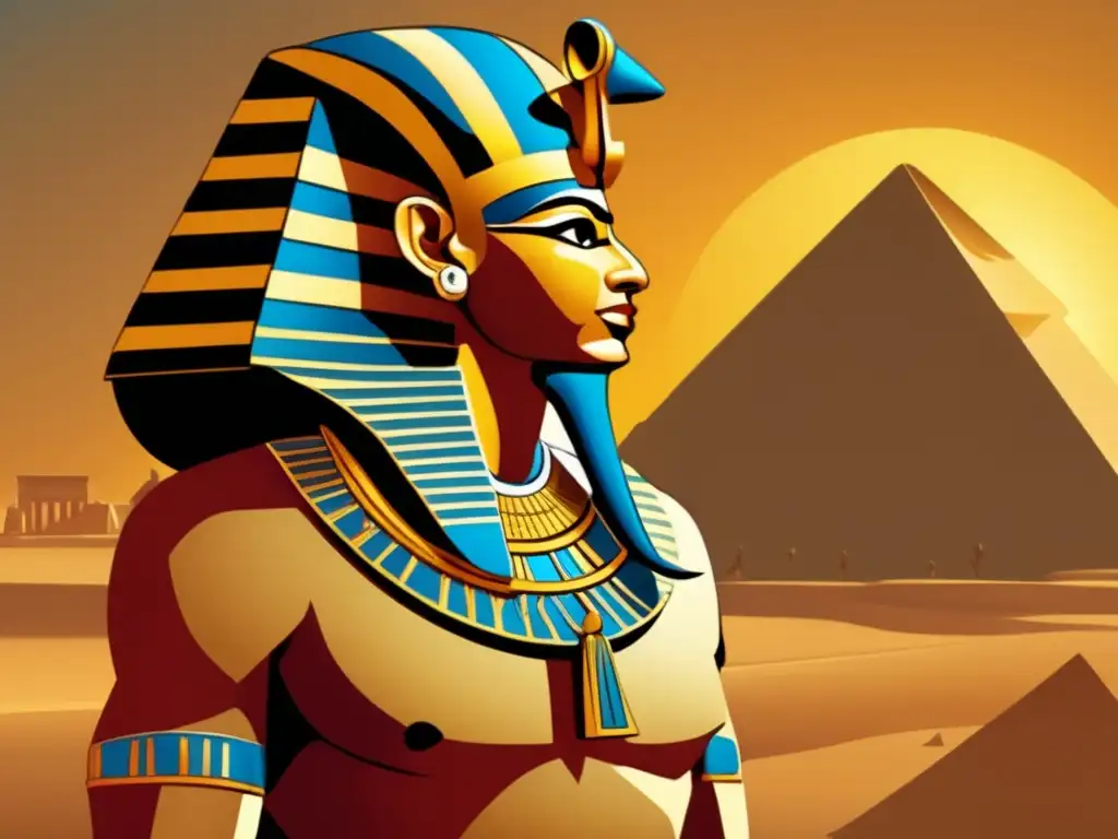 Ahmose I, fundador del Nuevo Reino, majestuoso frente a templos y pirámides egipcias