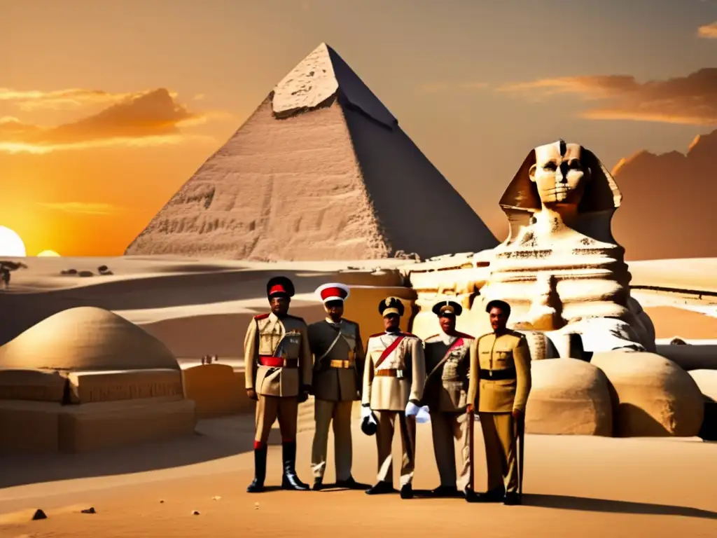 Generales destacados de historia militar egipcia, orgullosos frente a la Gran Esfinge mientras el sol se pone sobre las pirámides doradas