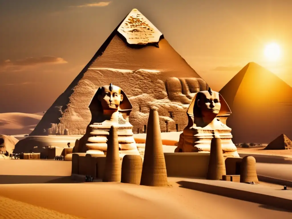 Generales destacados historia militar egipcia de pie frente a la Gran Esfinge de Giza al atardecer, exudando confianza y sabiduría