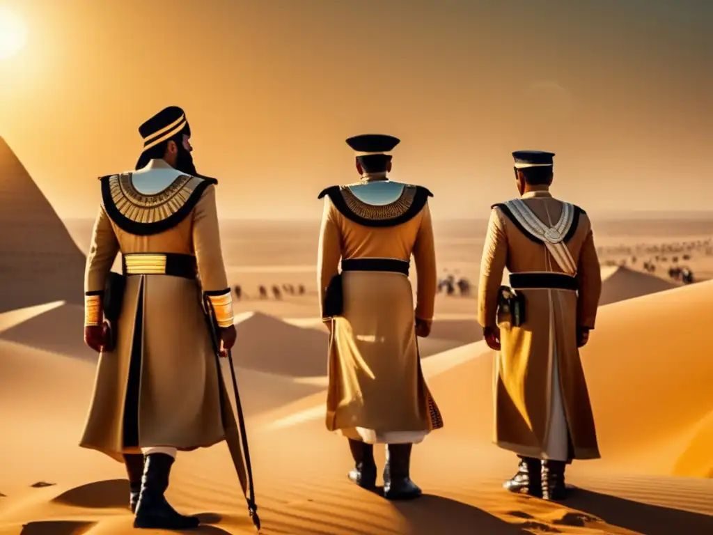 Generales destacados de la historia militar egipcia en formación estratégica en las dunas del desierto, rodeados de la majestuosidad de las pirámides