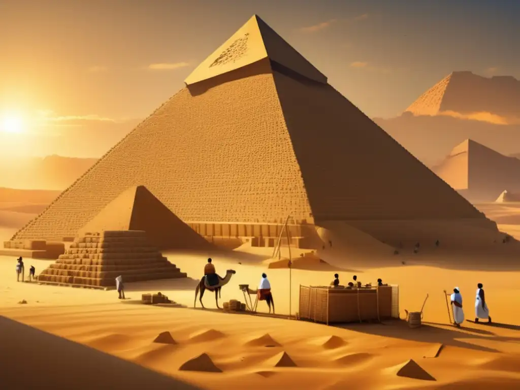 Descifrando construcción pirámides Giza: Antigua escena de labor construyendo la Gran Pirámide, con habilidad y precisión