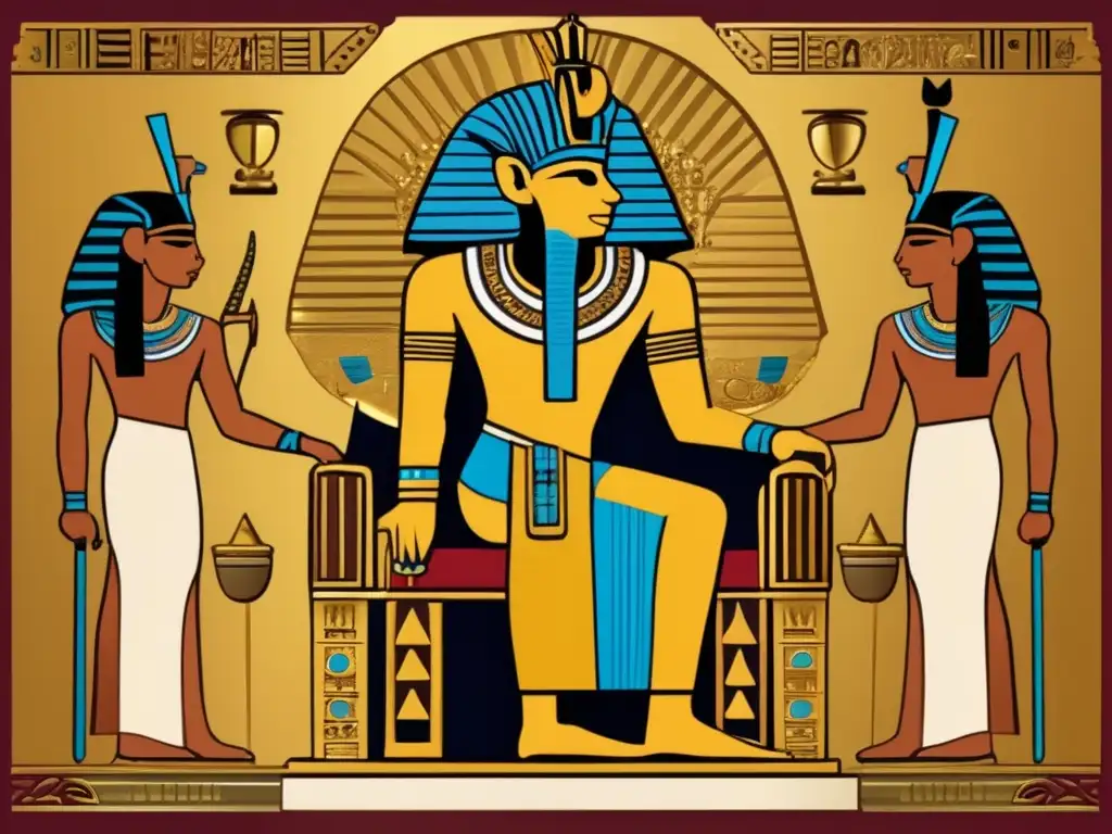 Gobernantes del Tercer Periodo Intermedio en Egipto: Un Faraón en su trono dorado rodeado de envoys y símbolos de poder, en una sala majestuosa