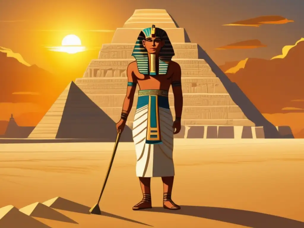 Imhotep, el gran arquitecto, frente a la majestuosa Pirámide de Djoser en Saqqara, Egipto