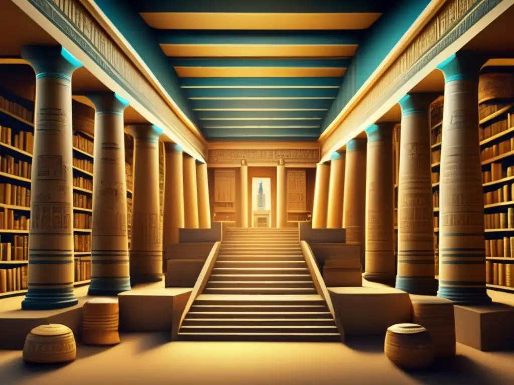 Una ilustración vintage de una gran biblioteca egipcia llena de antiguos pergaminos y libros