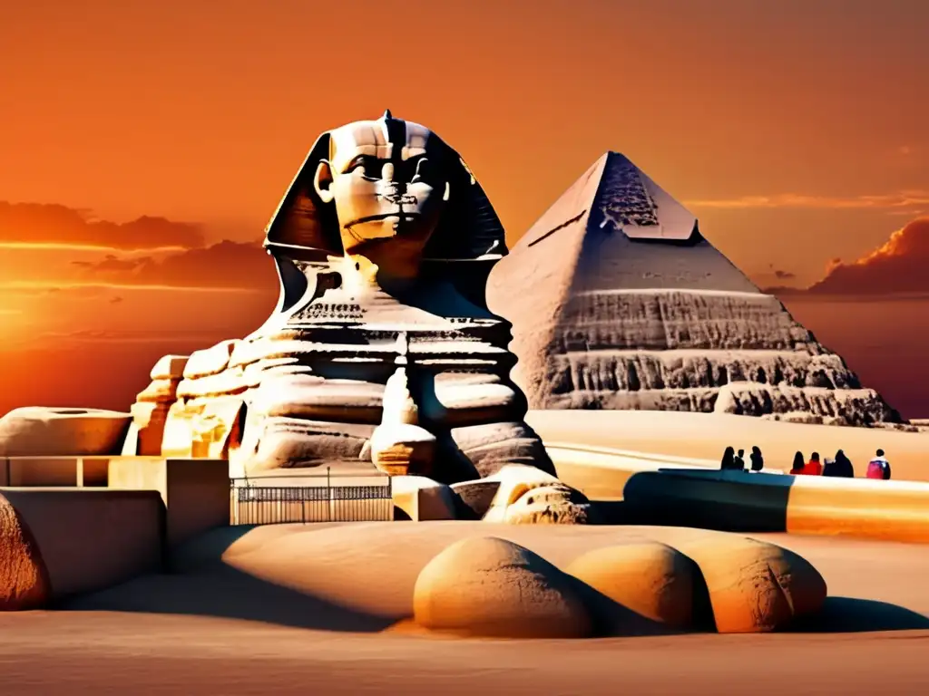 El Gran Esfinge de Giza, majestuoso ante un atardecer anaranjado