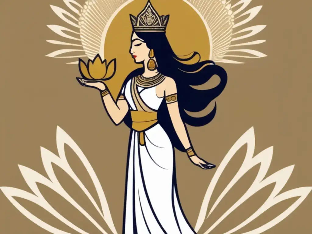 La diosa Mut, majestuosa y regia, en una ilustración vintage La Gran Madre Divina Mut, imponente y regia, viste una túnica blanca adornada con patrones dorados