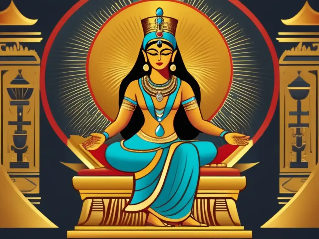 La majestuosa diosa Mut, la Gran Madre Divina, en un trono de oro La Gran Madre Divina, Mut, se sienta en un majestuoso trono dorado, radiante de sabiduría y cuidado maternal