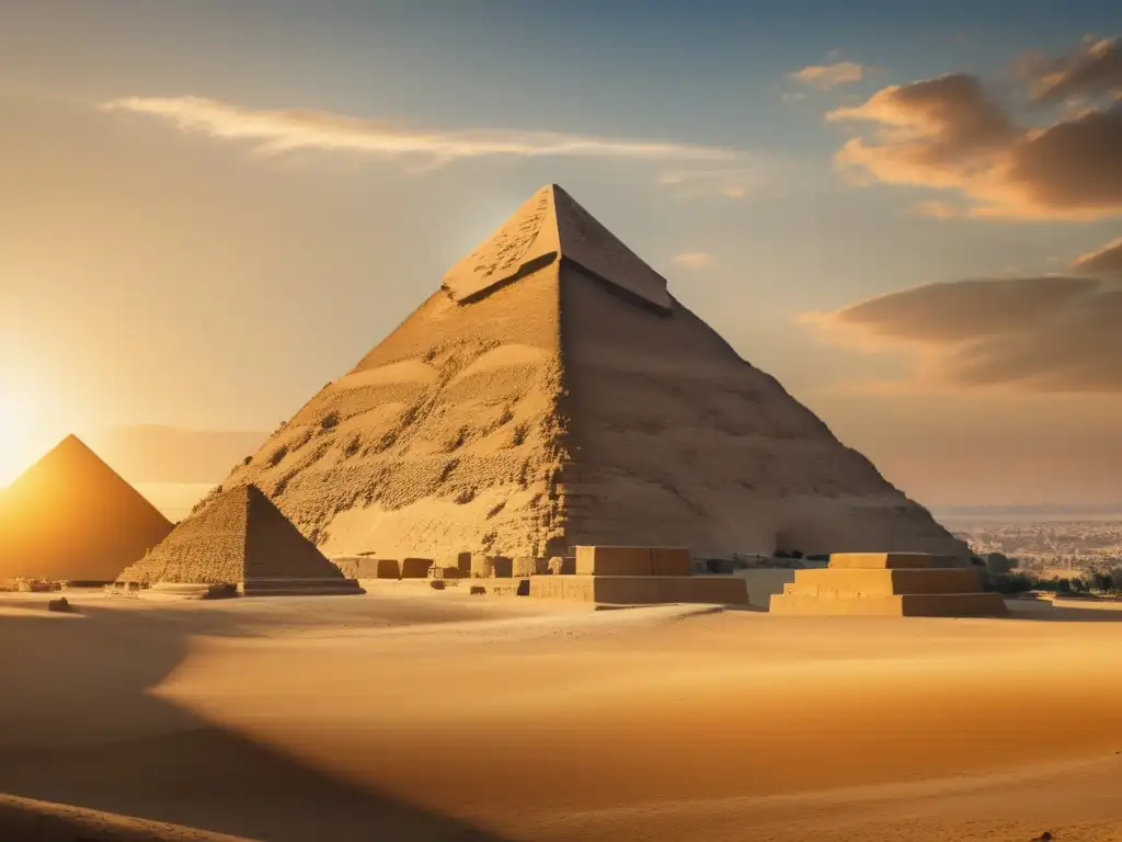 La Gran Pirámide de Giza, bañada en luz dorada, destaca contra un cielo azul claro