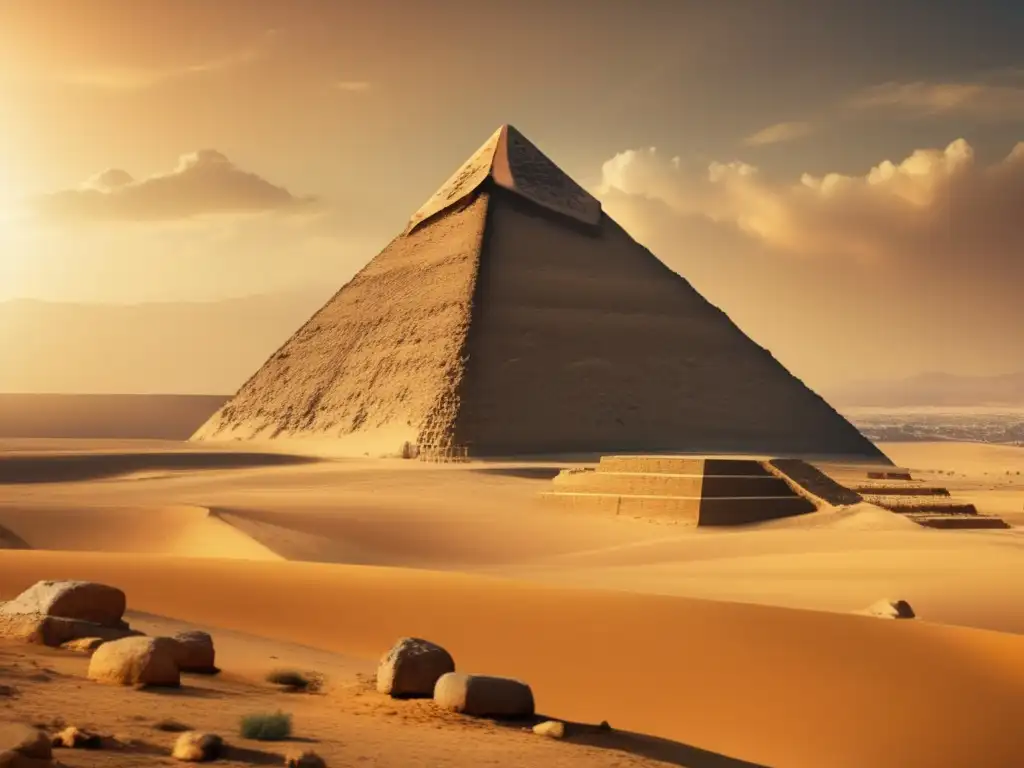 La Gran Pirámide de Giza, con su filtro vintage, revela secretos ocultos en sus detalles intrincados y su imponente presencia en el paisaje desértico