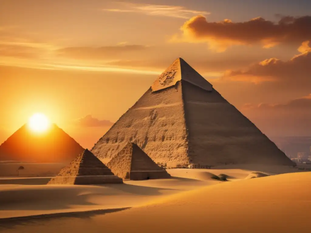 La Gran Pirámide de Giza se alza imponente en un atardecer dorado, mostrando su grandiosidad y misterio