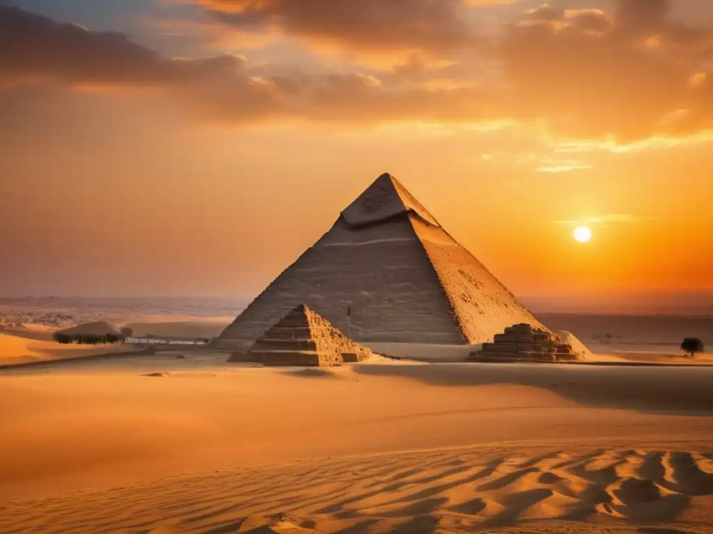 La Gran Pirámide de Giza en 8k destaca en un vibrante atardecer egipcio