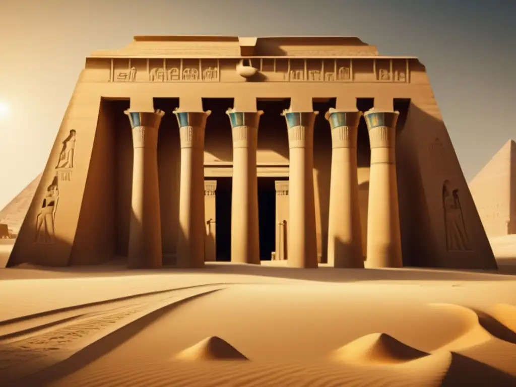 Una fotografía vintage en sepia muestra la grandeza de un antiguo templo egipcio