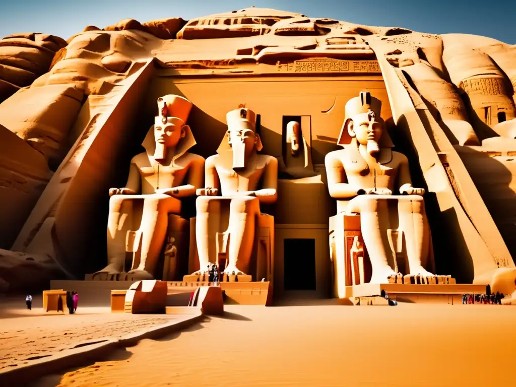 La grandeza faraónica de Ramsés II en el templo de Abu Simbel se alza imponente en el desierto, bañado por la cálida luz dorada