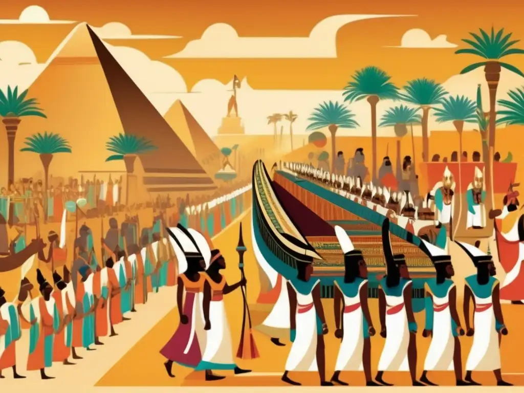 Una ilustración vintage muestra una grandiosa procesión en el antiguo Egipto, con colores vibrantes y detalles intrincados