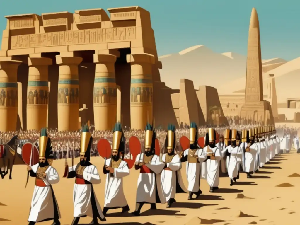 Una procesión grandiosa en el Festival de Opet en la antigua Tebas, con el majestuoso Templo de Karnak de fondo
