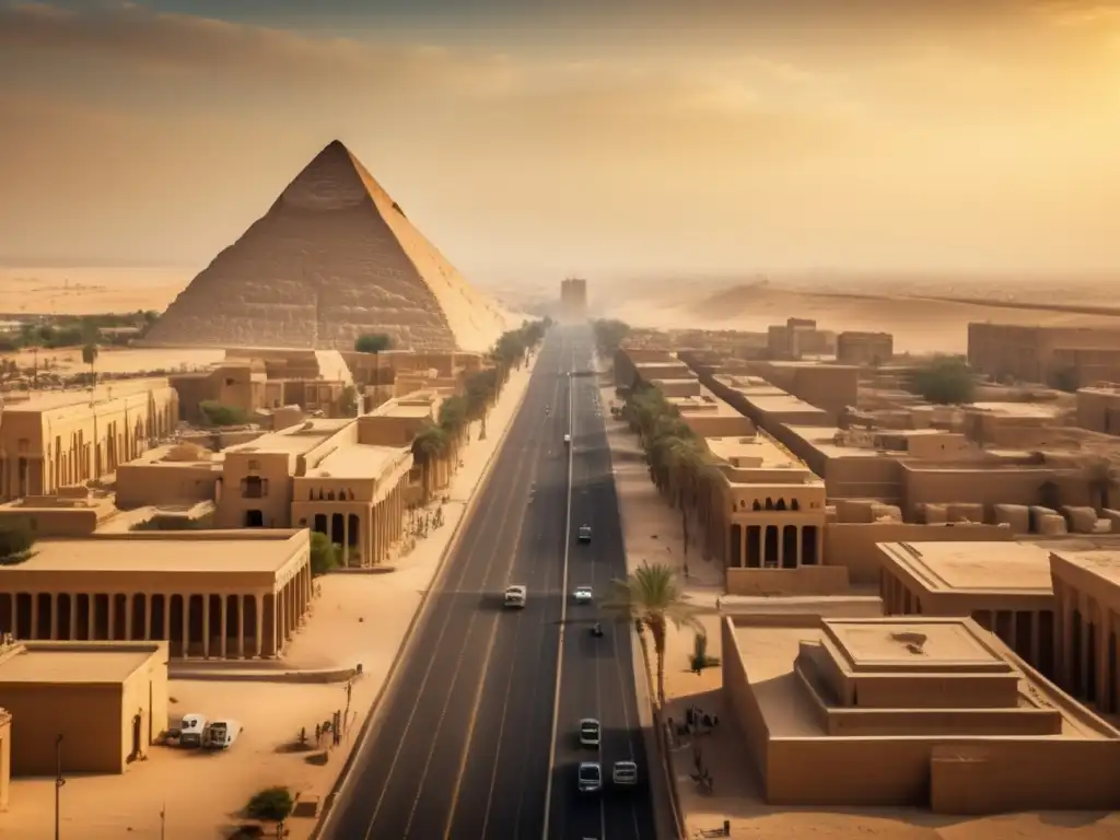 La grandiosa Infraestructura Urbana del Antiguo Egipto cobra vida en esta imagen vintage de templos, calles animadas y el majestuoso río Nilo