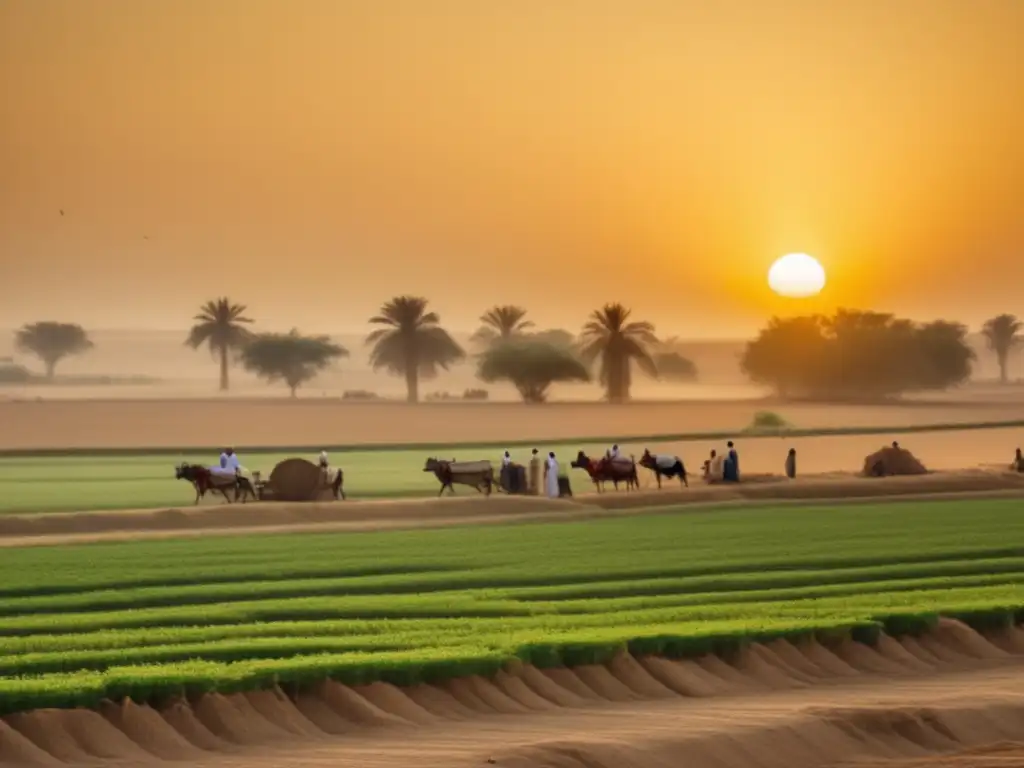 Egipto: Granjas estatales, organización jerárquica y la majestuosidad de las pirámides en un atardecer dorado